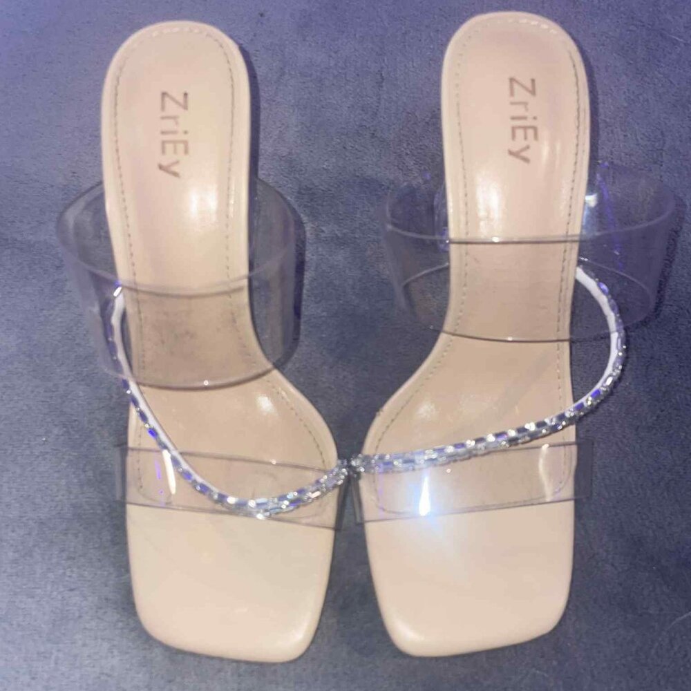 ZriEy Nude Heels with Clear Straps & Rhinestone Accent – Size 7